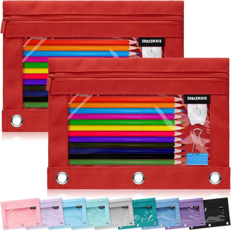 SPACEMATE 2 Pack Binder Pencil Pouch Case Box Bag for 3 Ring Binder School Supplies Girls Boys Kids, Clear Preppy Stuff Large Aesthetic Pen Organizer, Back to College Stationary, Red - Image 1